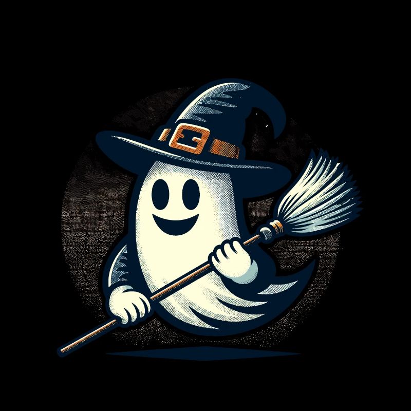 fantôme de sorcière drôle d’Halloween avec balai de sorcière