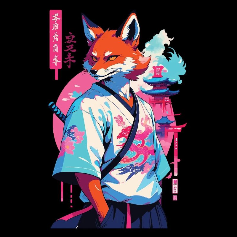 Kitsune Samurai Fox Esthétique Style Vaporwave