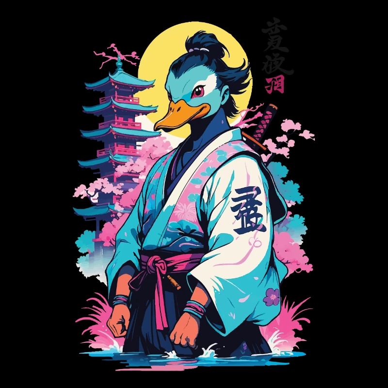 Samurai Duck In Aesthetic Vaporwave Style