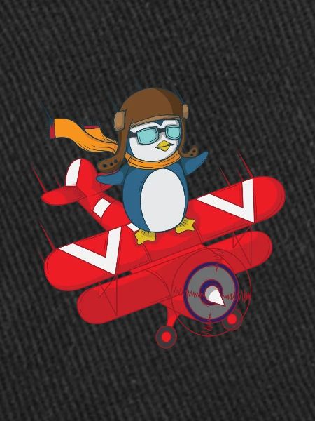Penguin flies red biplane
