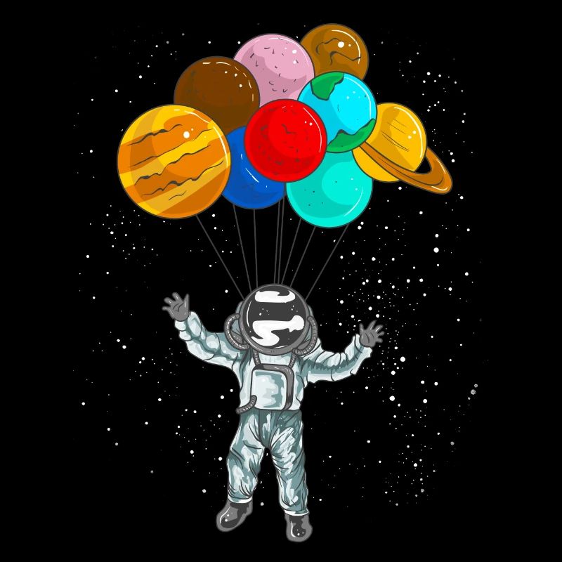 Astronaut In Space Flying With Planet Balloons
