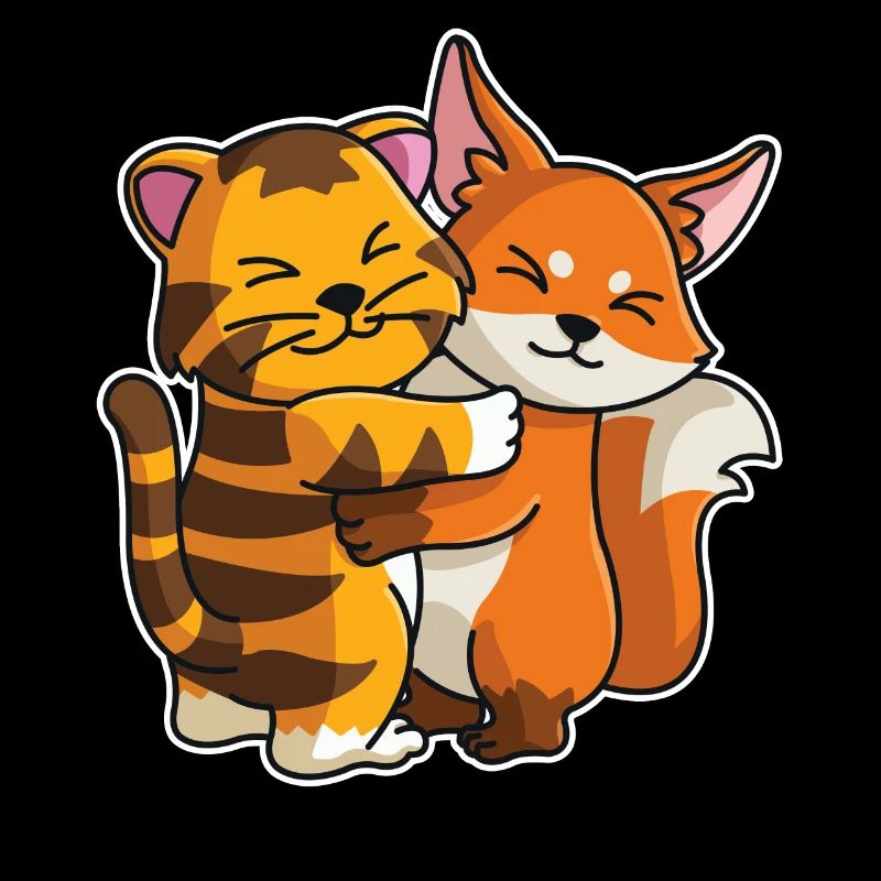 tabby cat and fox cute Hug Cuddle Animals
