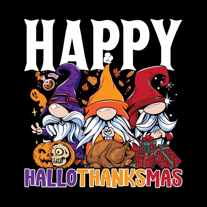 Hallothanksmas Three Gnomes Halloween Christmas