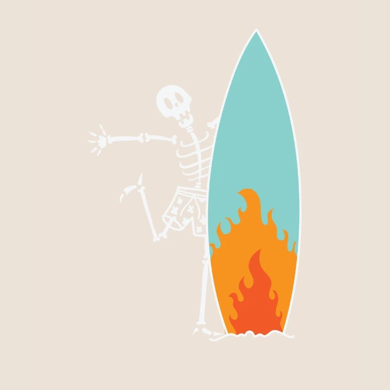 Surfing skeleton with burning surfboard
