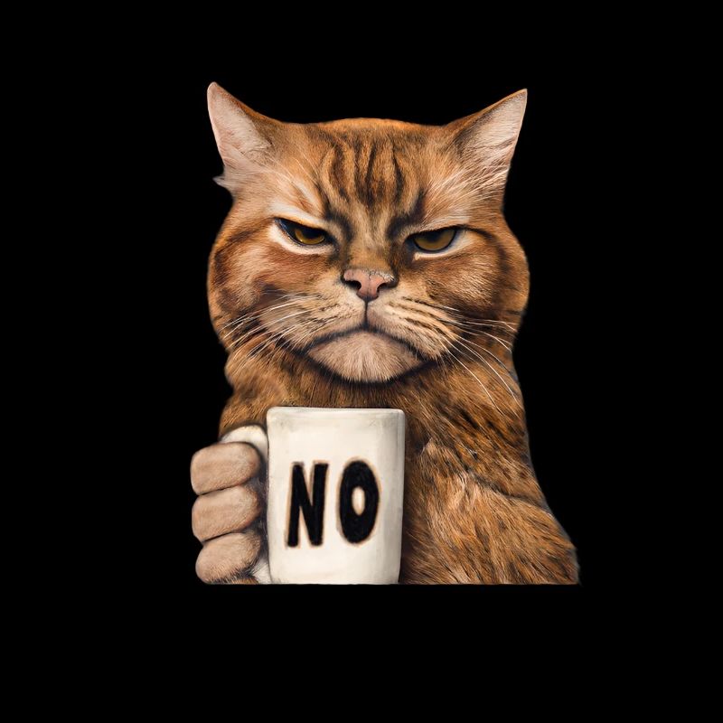Grumpy funny cat with coffee cup says no