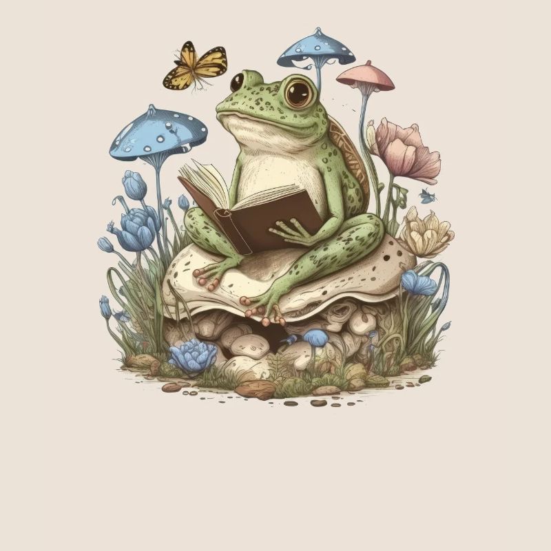 Lecture de grenouille champignon esthétique cottagecore blanc