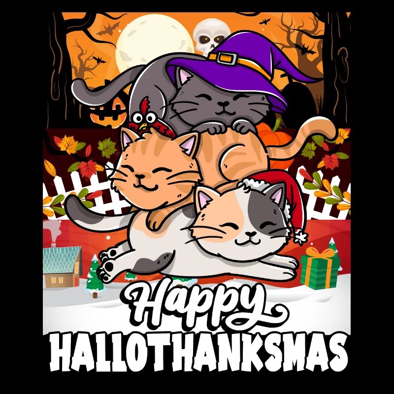 Glücklich Hallothanksmas Urlaub Katzen Fell