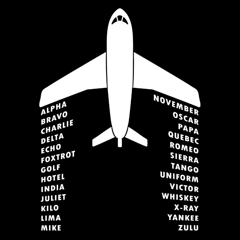Vollständiges phonetisches Alphabet Hemd Flugzeug Buchstaben mit