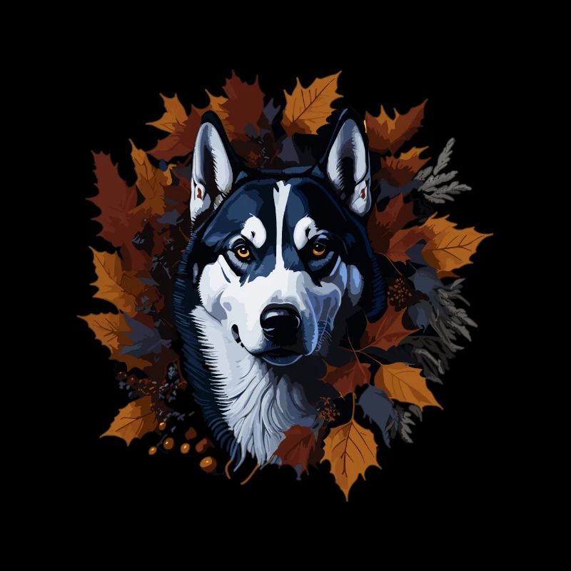 Chien husky sibérien dans les feuilles d’automne