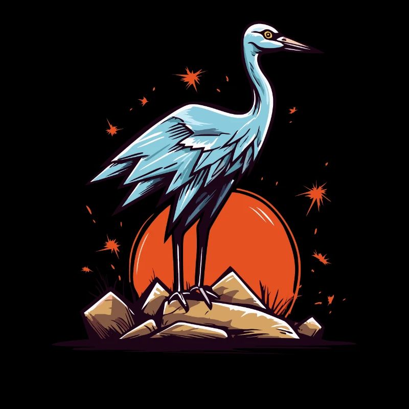 Gray heron or stork bird and a red sun