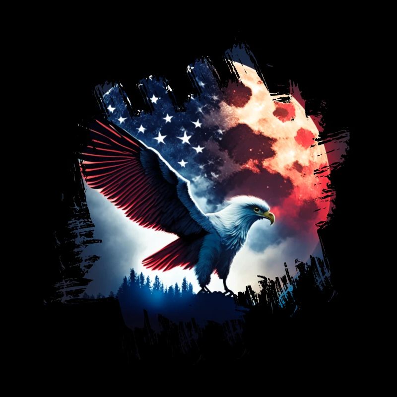 America eagle under Moon with American Flag