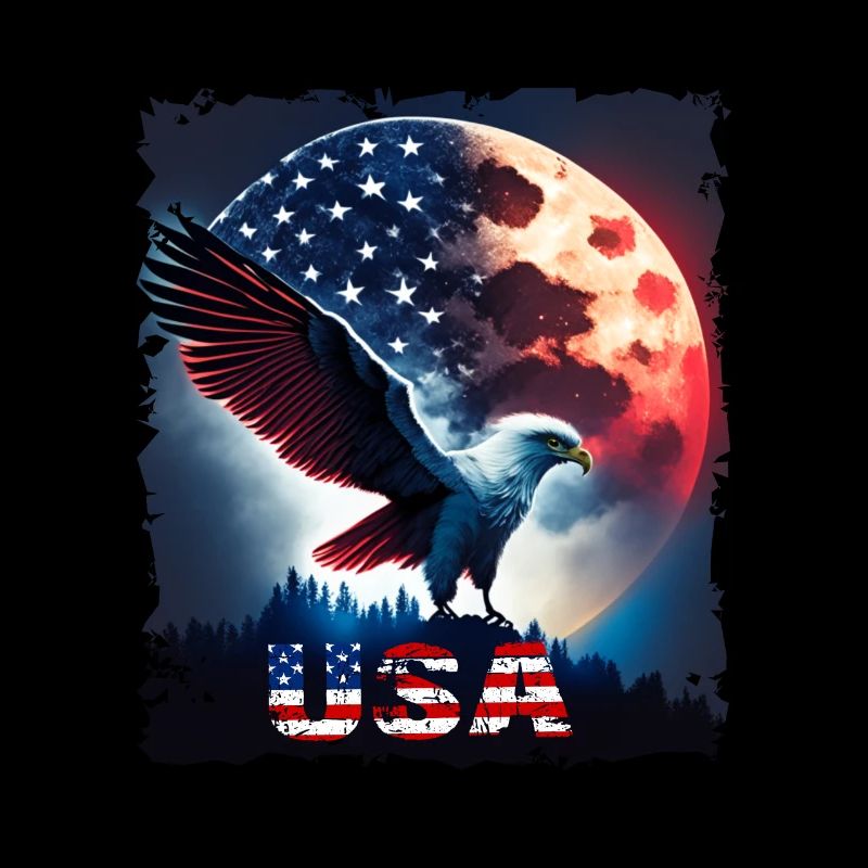 America eagle under Moon with American Flag