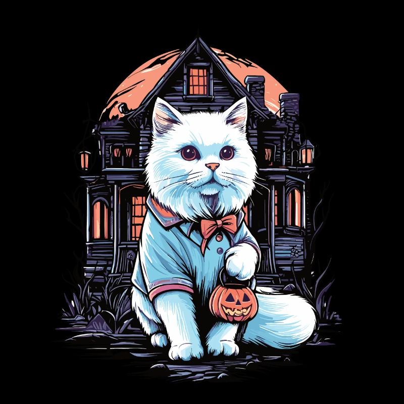 Chat blanc d’Halloween en sweat à capuche avec maison hantée
