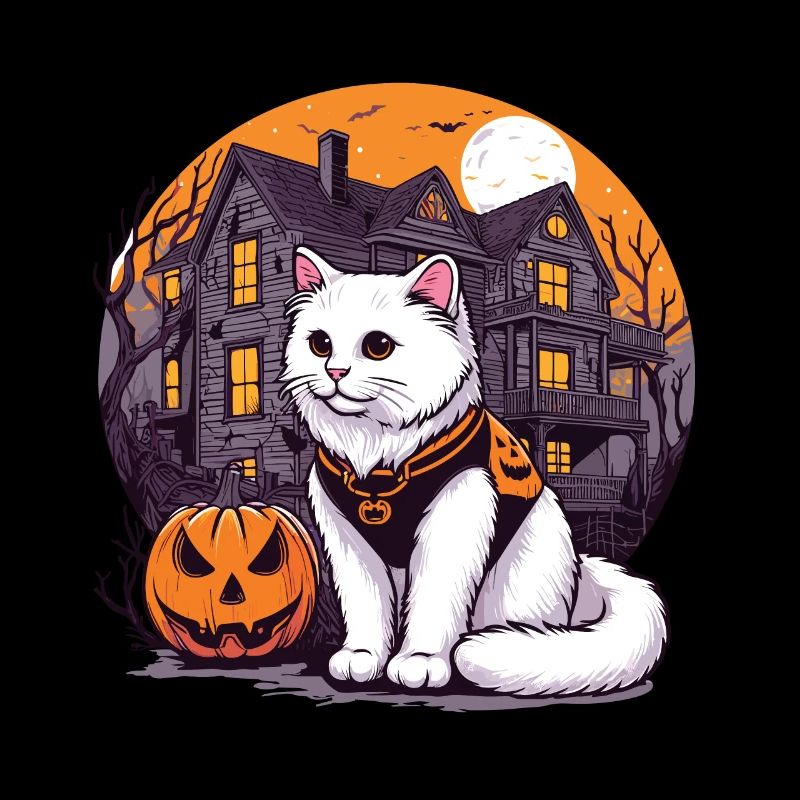 Chat blanc d’Halloween en sweat à capuche avec maison hantée