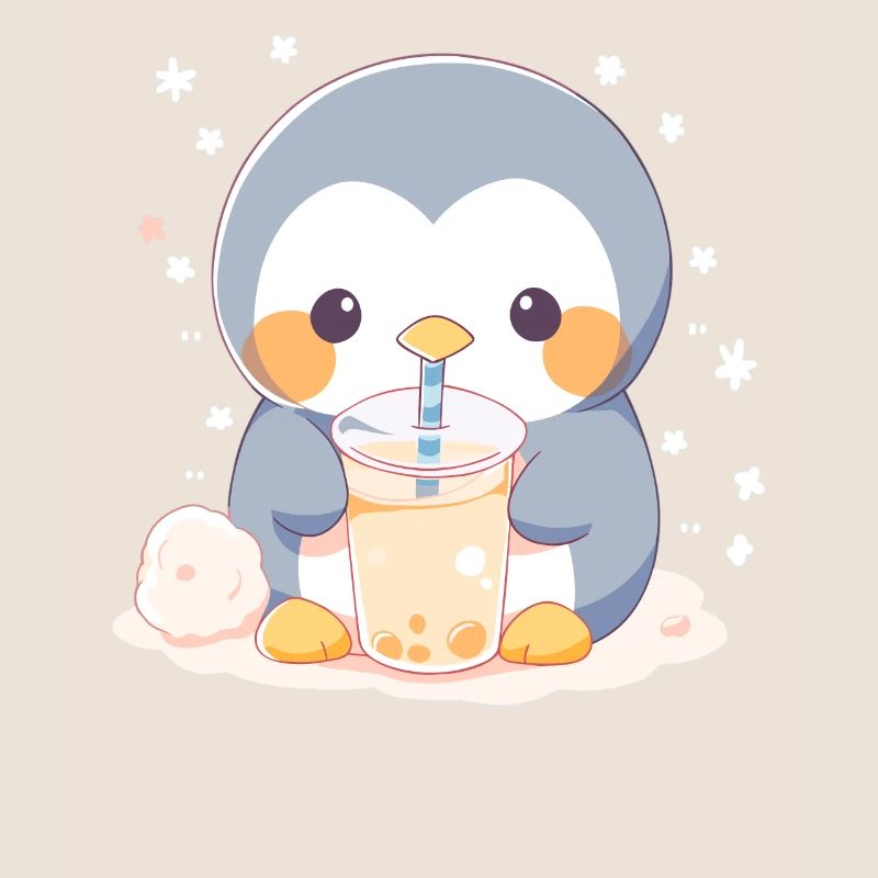 Kawaii Penguin Drinks Boba Bubble Tea Chibi