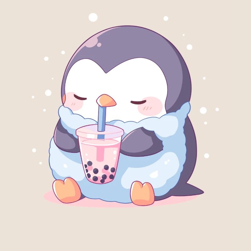 Kawaii Penguin Drinks Boba Bubble Tea Chibi