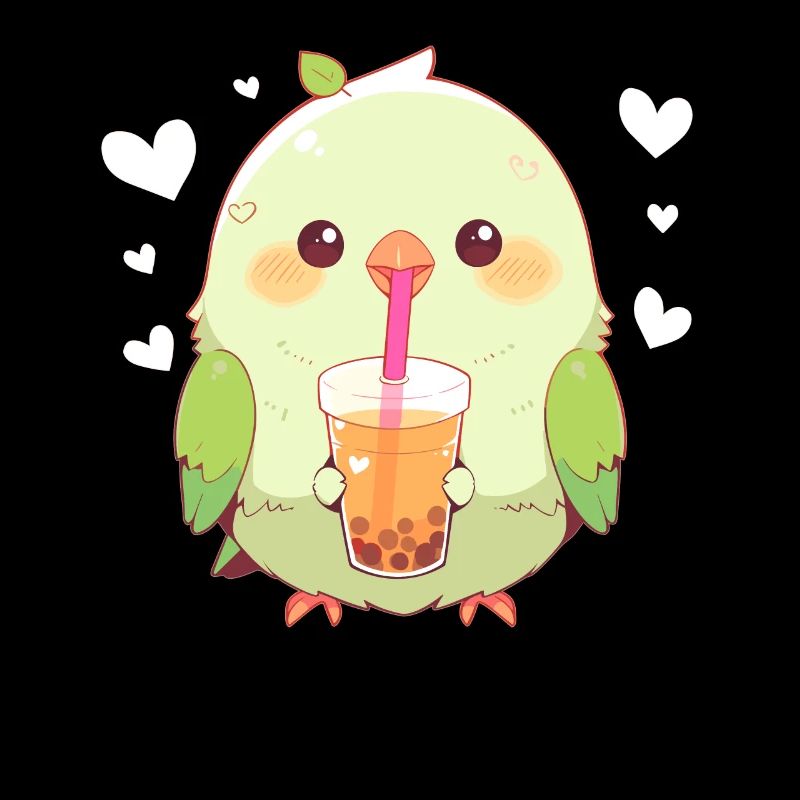 Kawaii Lovebird Drinks Boba Bubble Tea Chibi