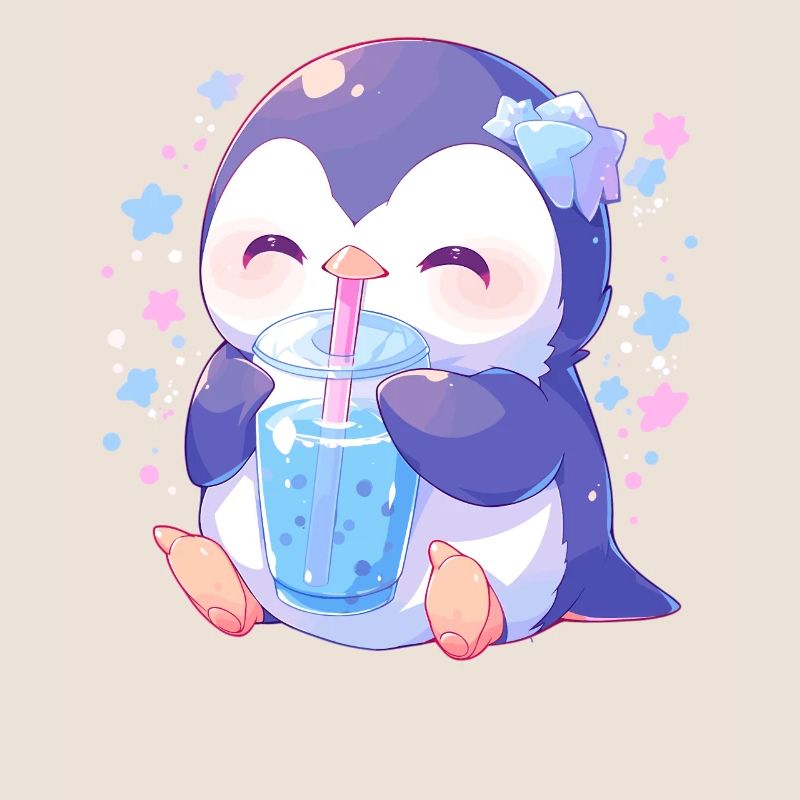 Kawaii Penguin Drinks Boba Bubble Tea Chibi