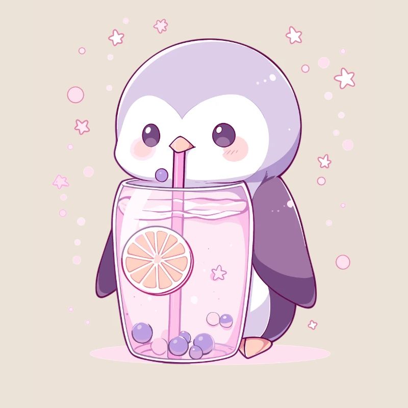 Kawaii Penguin Drinks Boba Bubble Tea Chibi