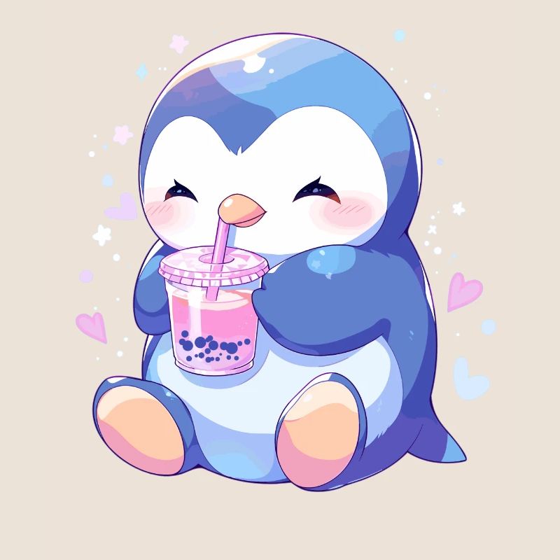 Kawaii Penguin Drinks Boba Bubble Tea Chibi