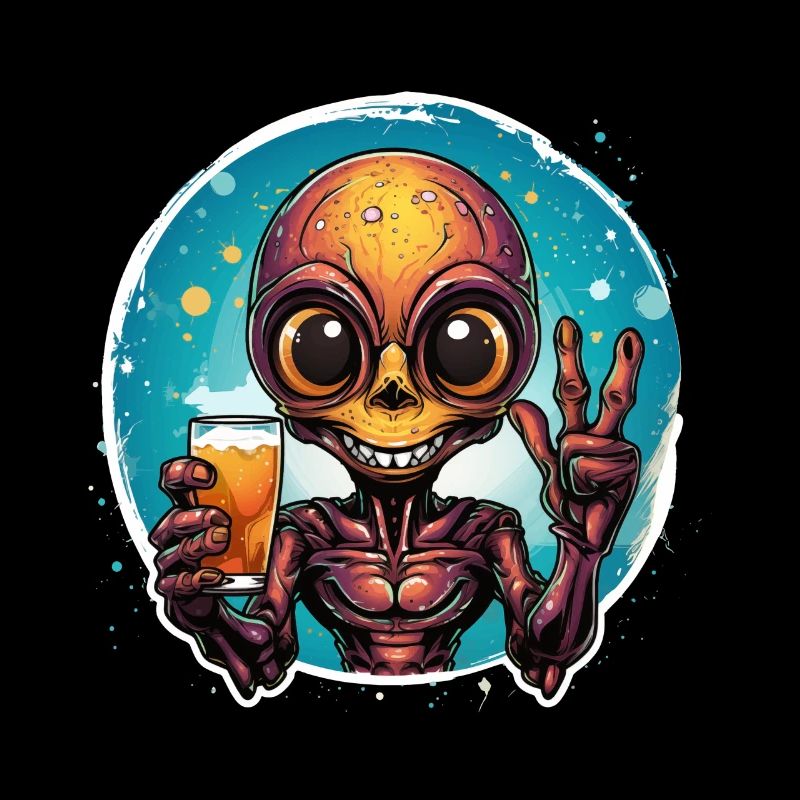 Alien drinks a beer and rejoices.