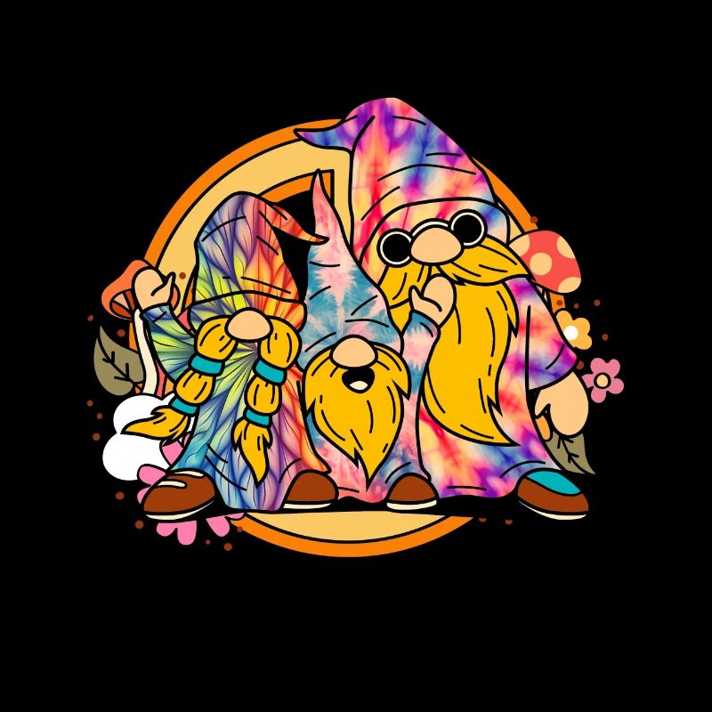 Drei Hippie -Gnomes Groovy Binde Dye Gnomies