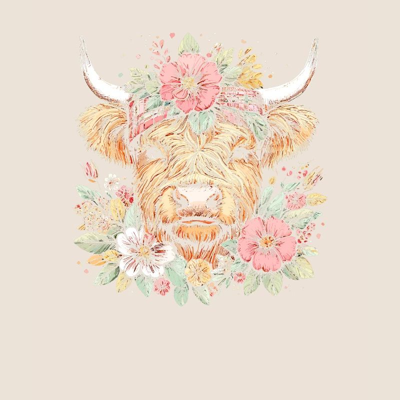 Vache écossaise Highland avec des fleurs
