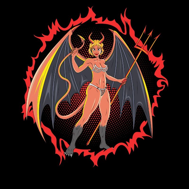Devil girl with huge wings and pitchfork