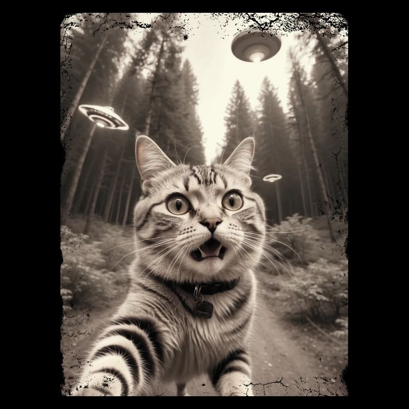 Selfie de chats avec la conception d’un vaisseau spatial extraterrestre