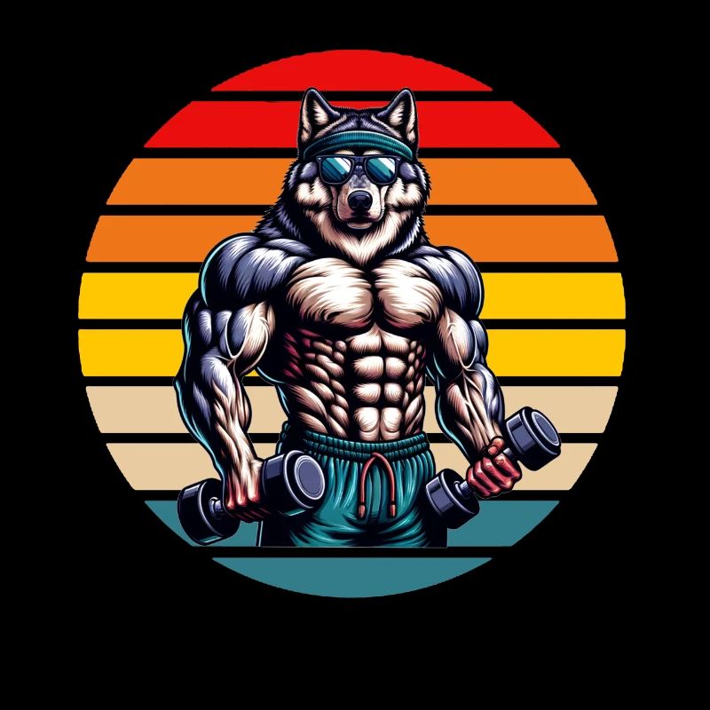 Muscular Wolf Bodybuilder Gym Workout Retro