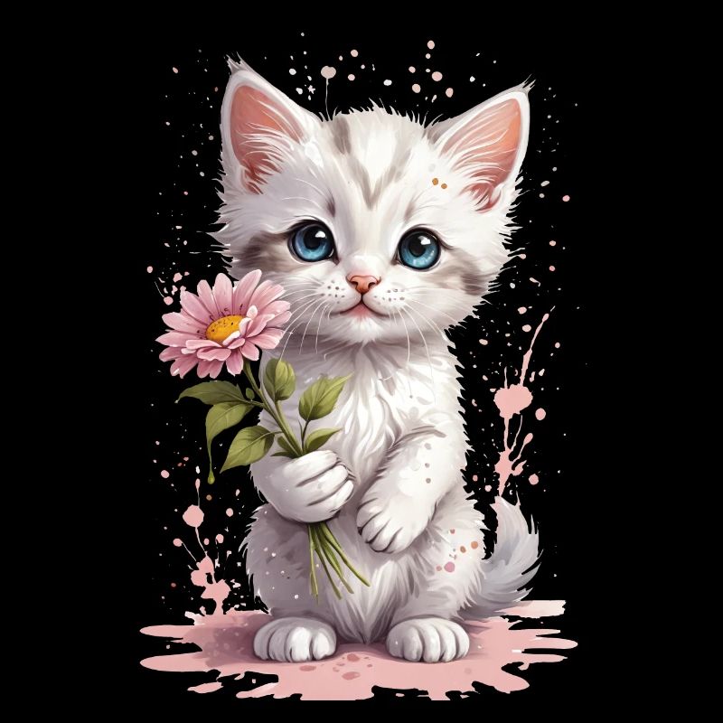 Chaton espiègle avec fleur - Aquarelle