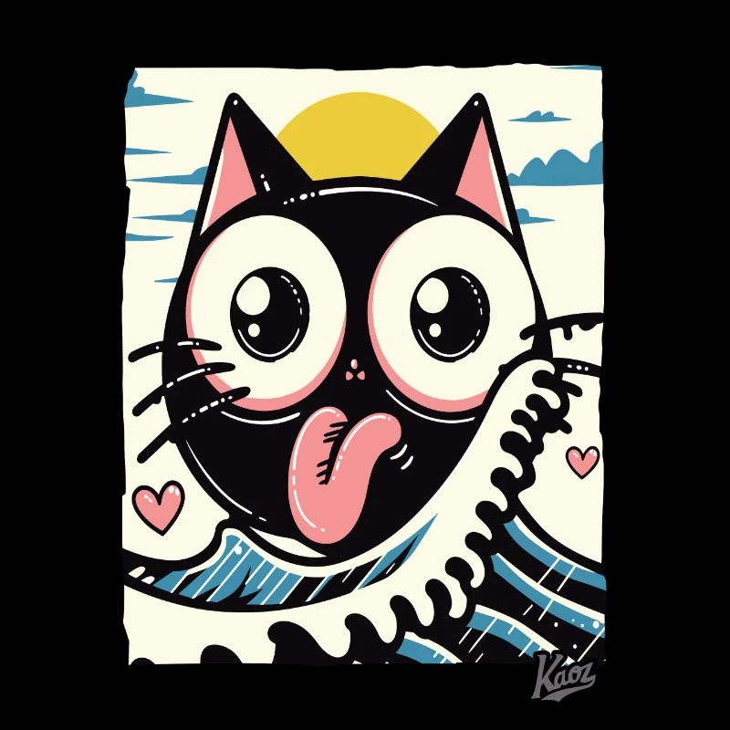 Vagues japonaises aimant chat noir
