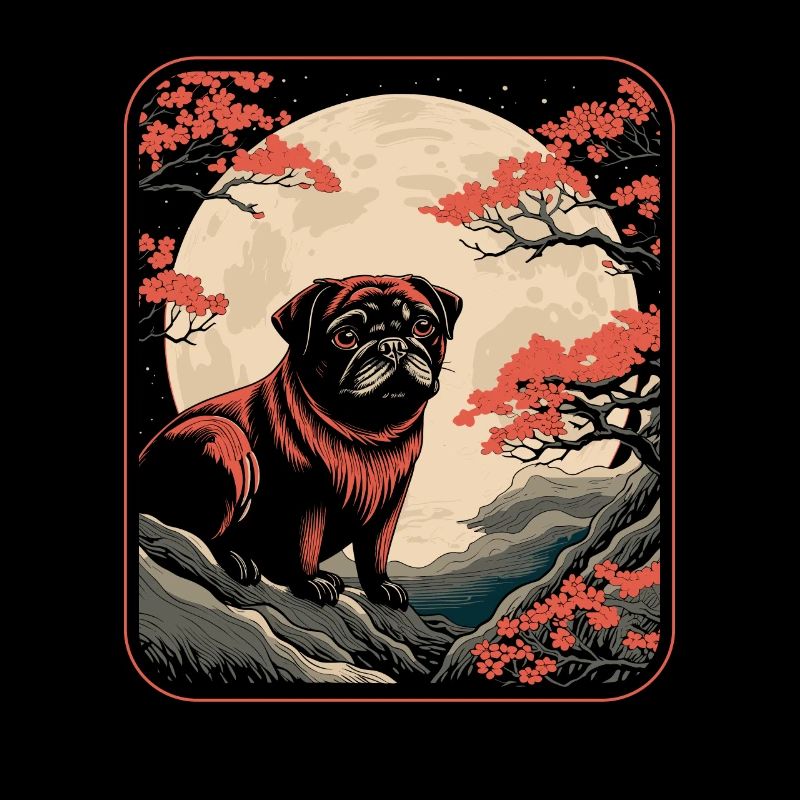 Mops Hund Japan Cherry Blossom Moon
