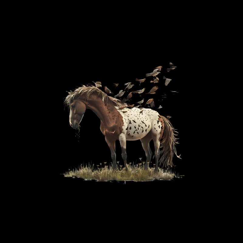 Cheval et oiseaux dans la nature