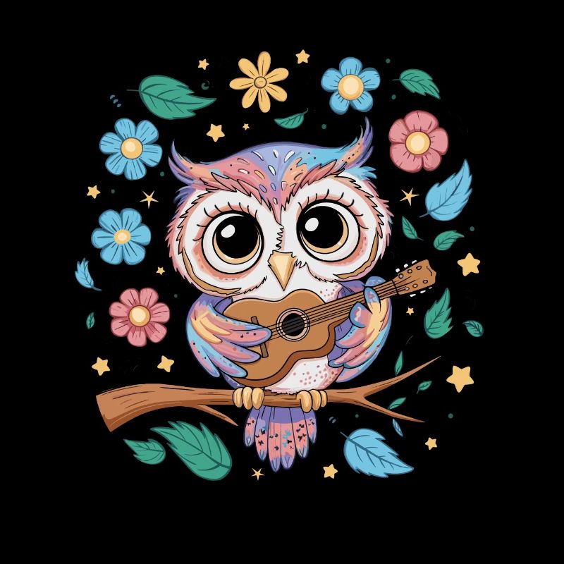 Niedliche Eule Vogel Federn Blumen Gitarre