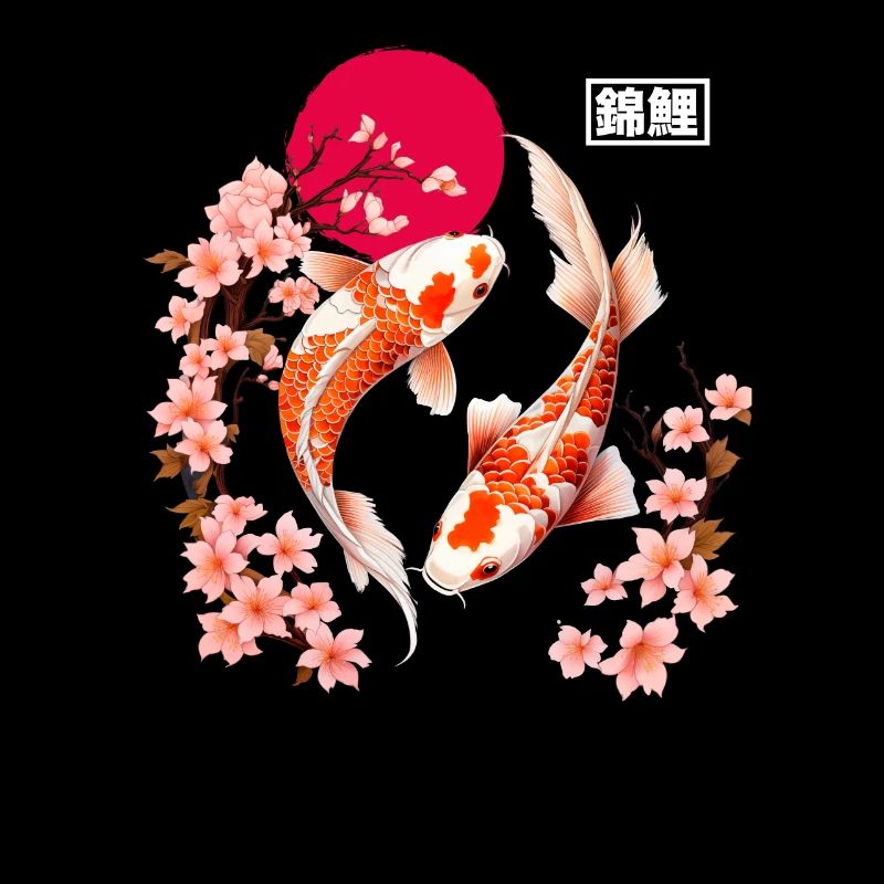 Des fleurs de carpes koi et de cerisier dans la lune rouge