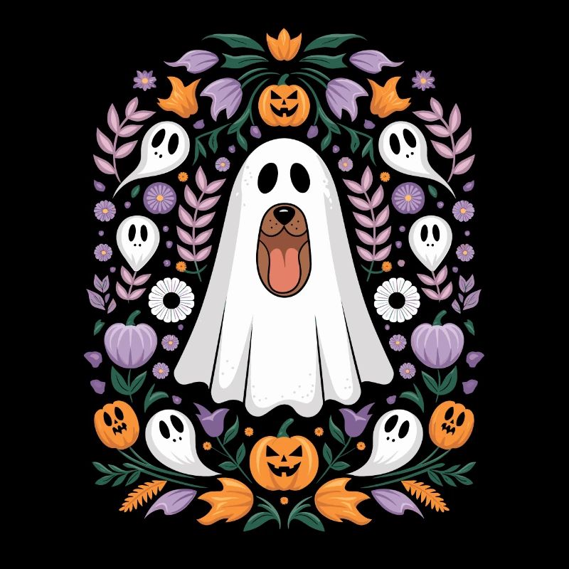 Fantôme de chien d'Halloween avec citrouilles et fleurs