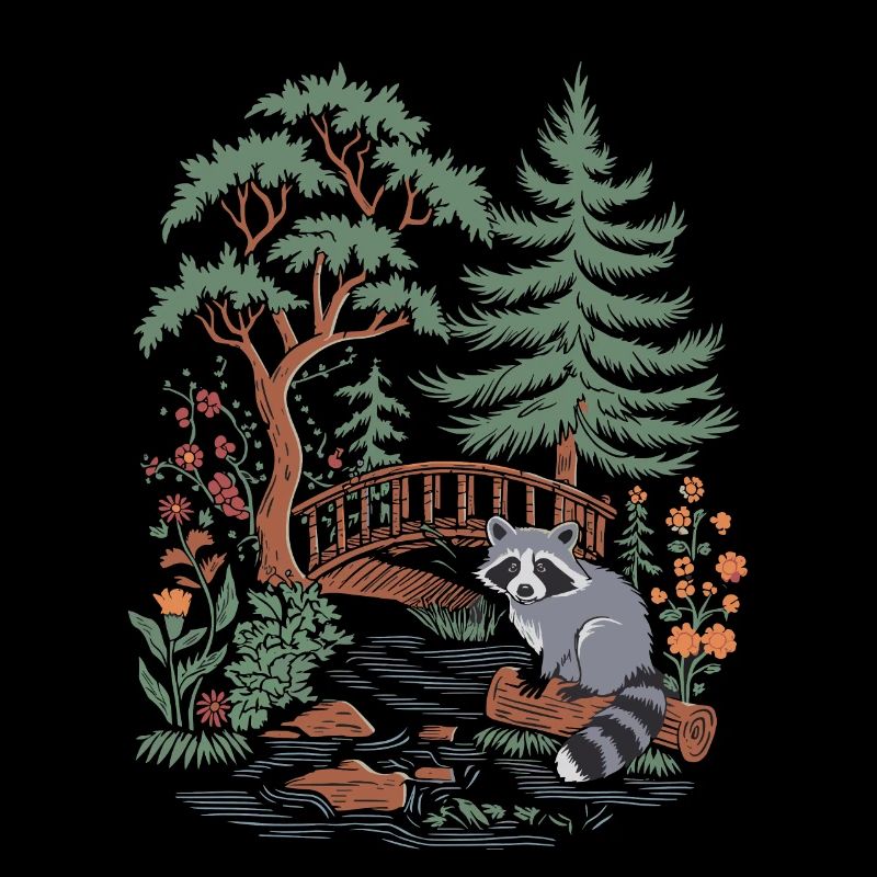 Paysage forestier cottagecore avec raton laveur et pont