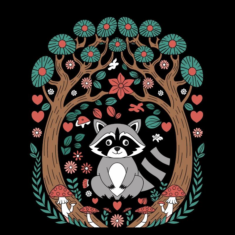 Cottagecore raccoon in the enchanted forest between trees