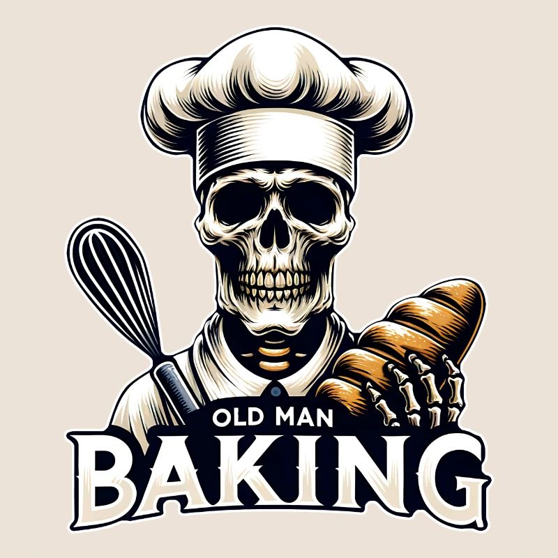 Old Man Baking Skull with Baker's Hat Baking Bread