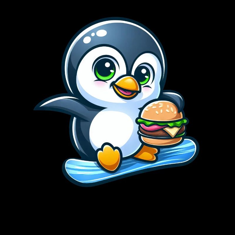 Cooler Pinguin Snowboarder mit Burger