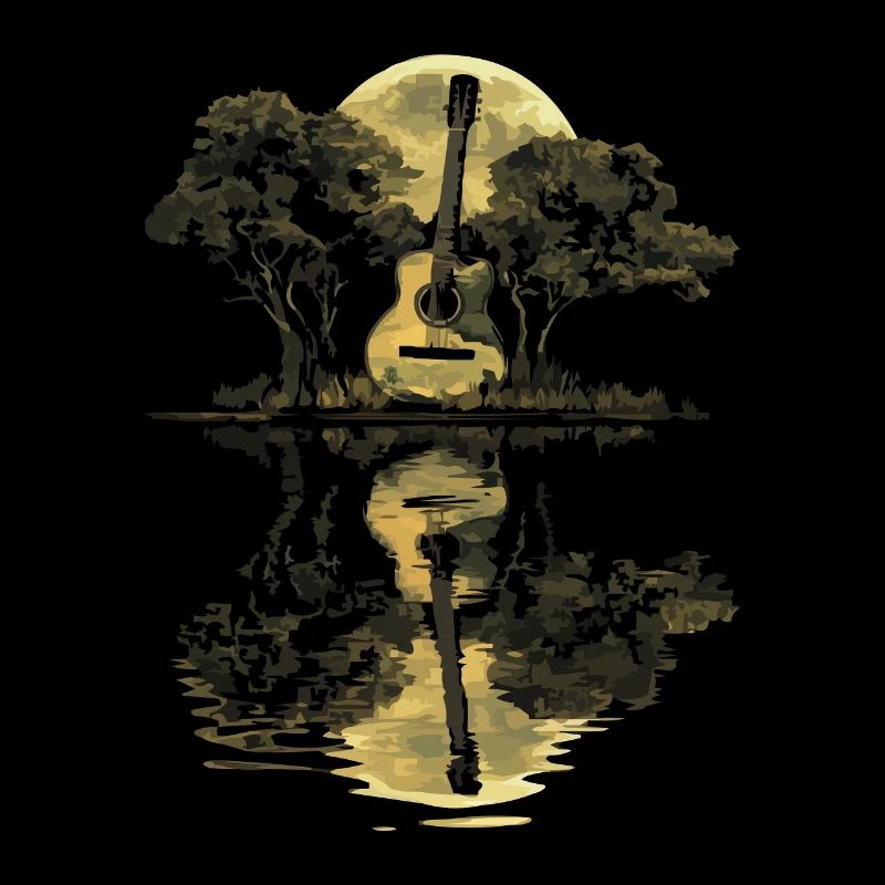 Guitar sounds under a full moon and tree reflection