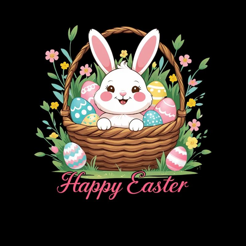 Joyeuses Pâques – Lapin mignon dans le panier de Pâques