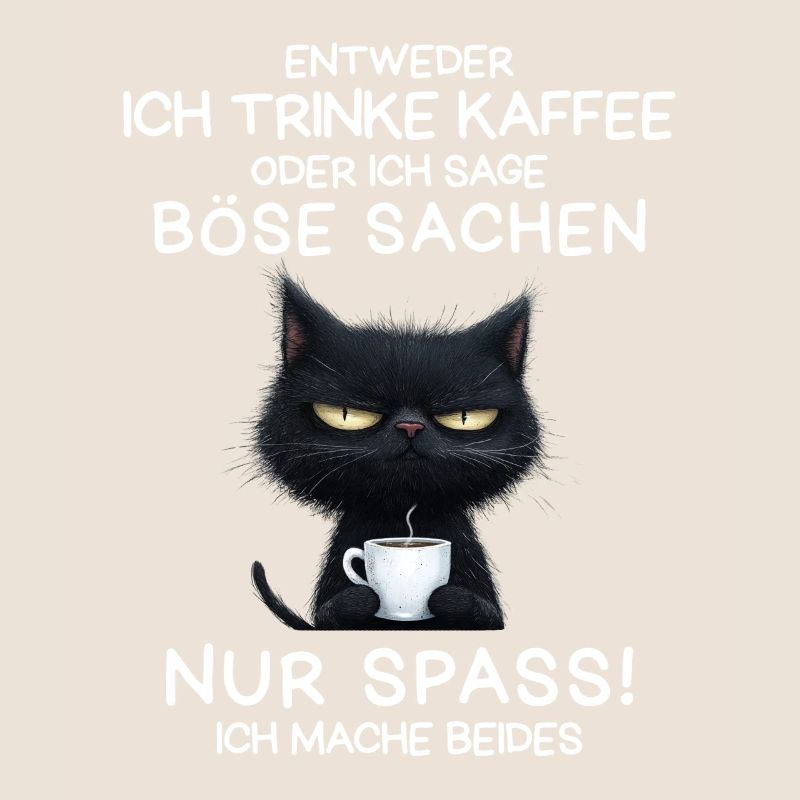 Schwarze Katze mit Kaffee und Todesblick