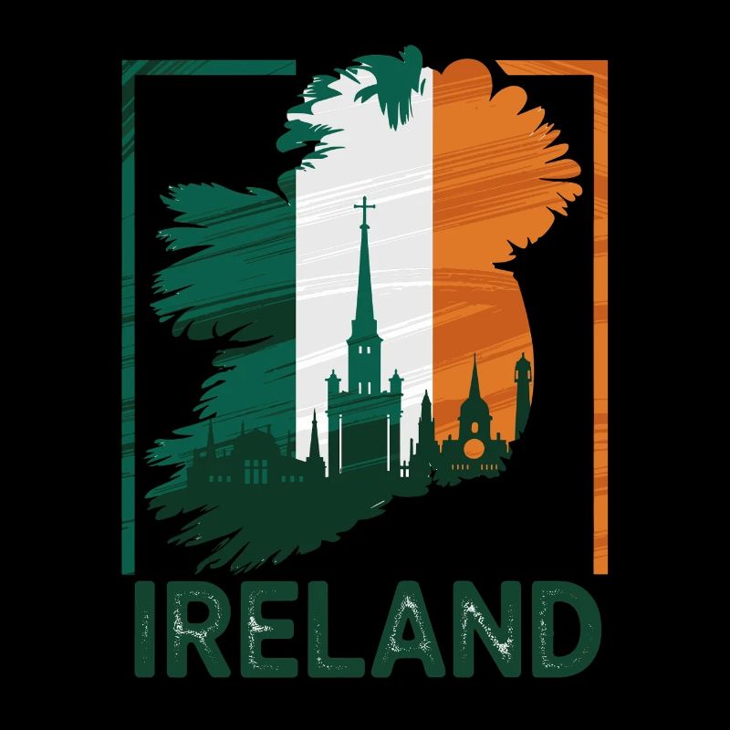 Ireland Map with Skyline and Irish Flag
