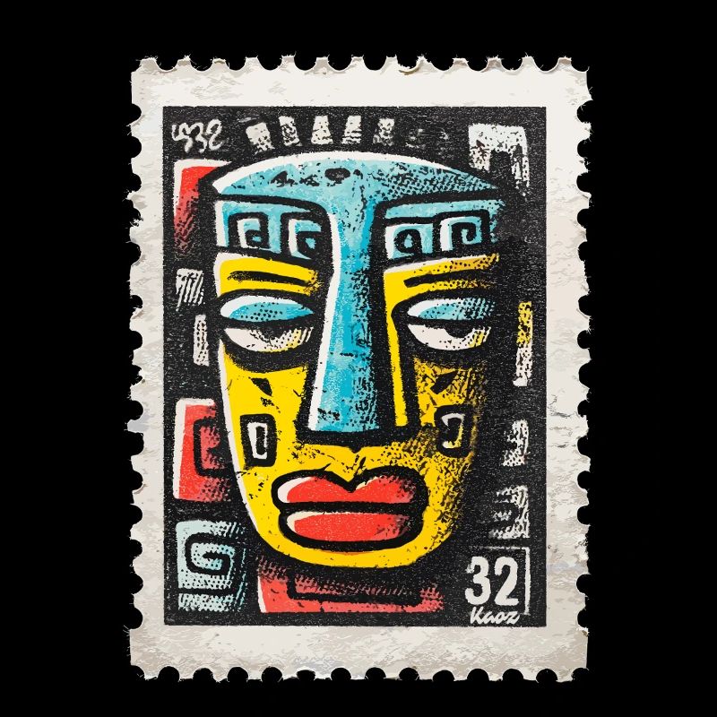 Masque de style tribal coloré sur timbre-poste