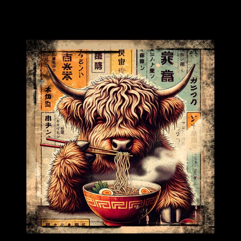 Ramen Highland Cow Grunge Style d’affiche