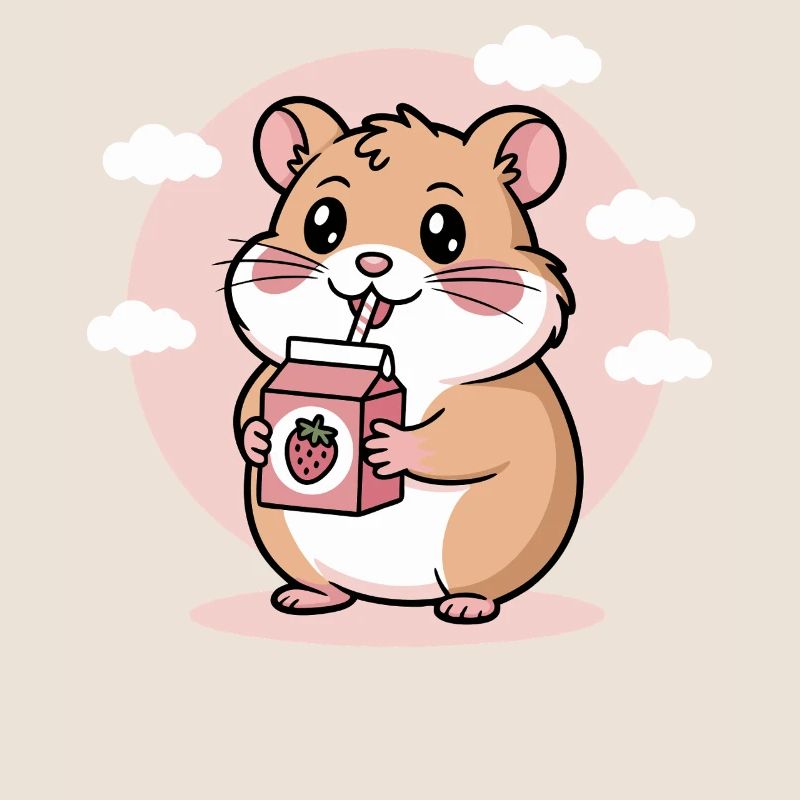 Süßer Chibi Hamster Trinkt Erdbeermilch Kawaii