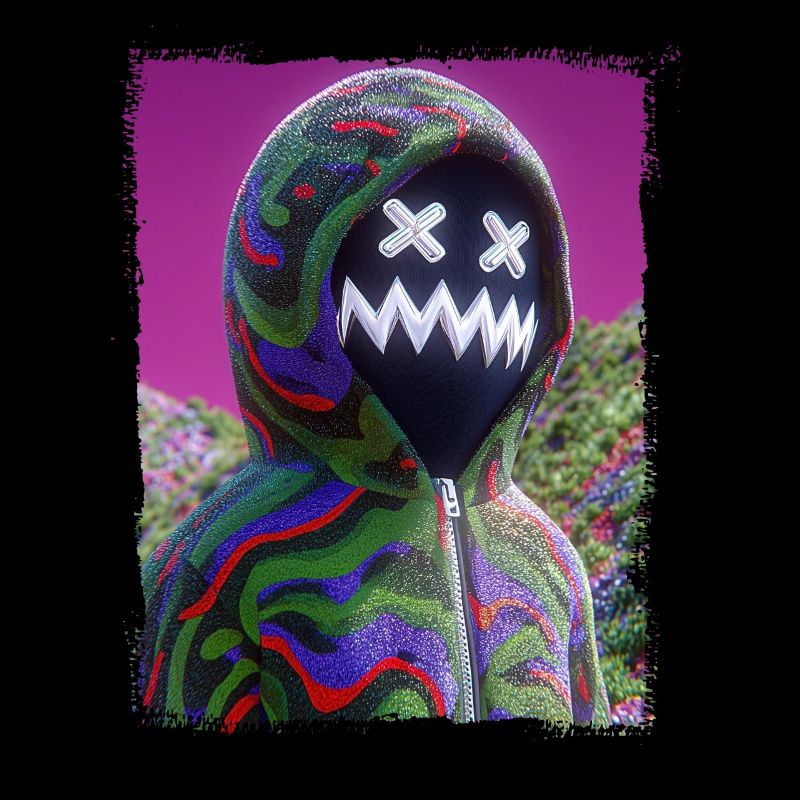 Psychedelic Maskenfigur Neon Glitch Grafik