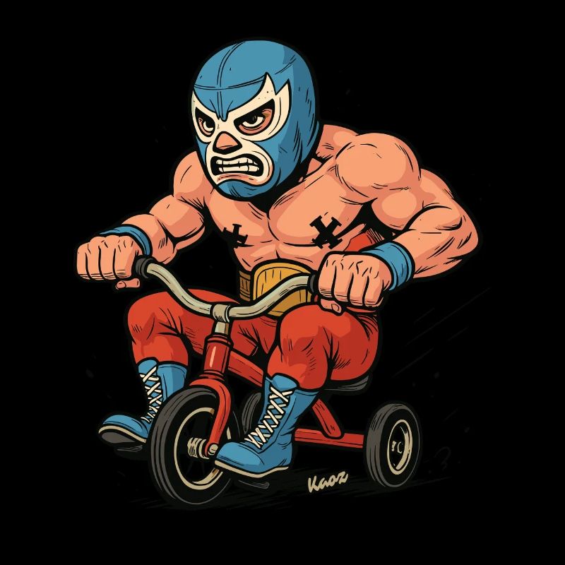 Lutteur avec masque sur tricycle